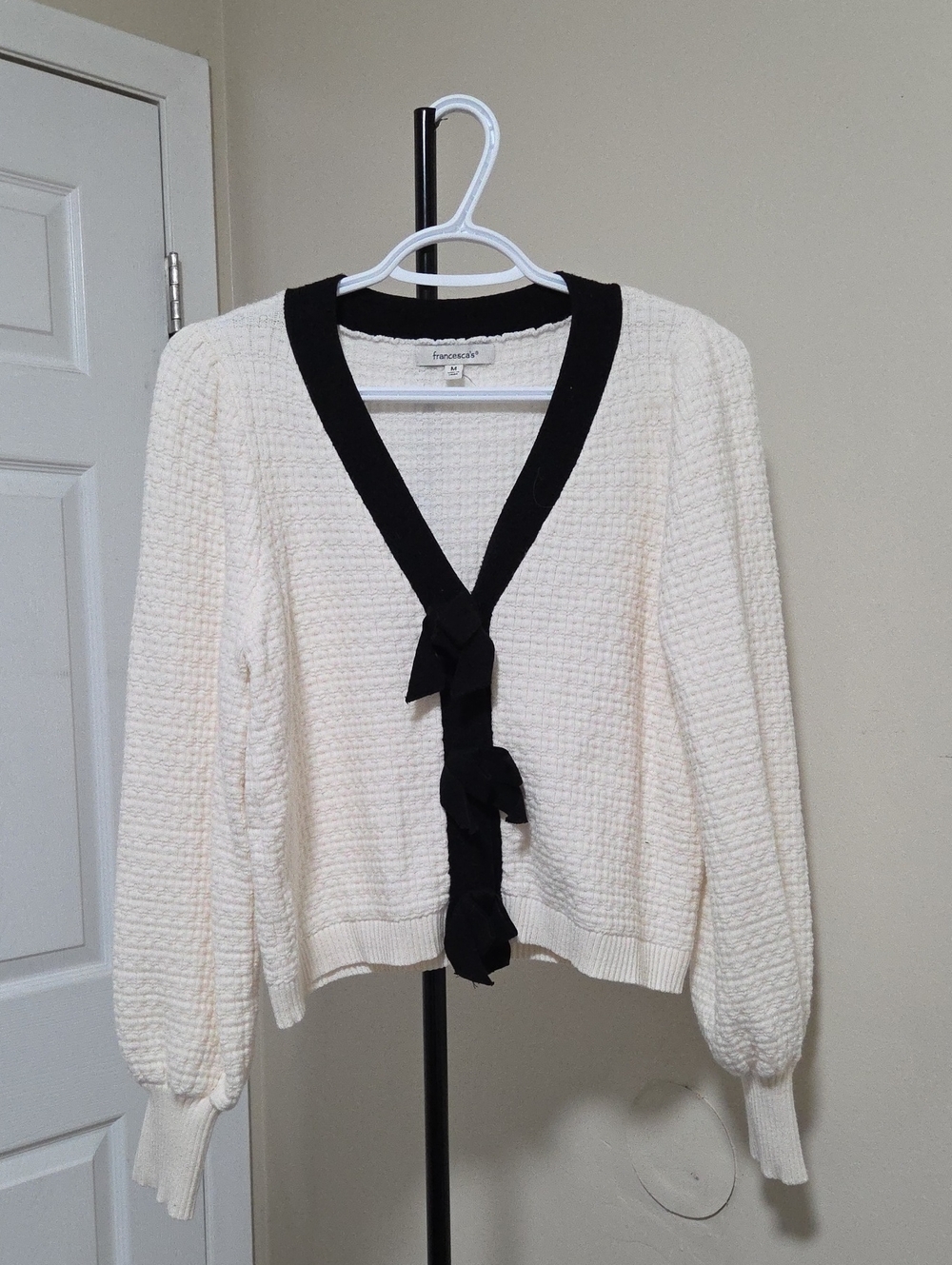 Francesca's Collections Cream Knit Cardigan with Black Trim and Front Ties